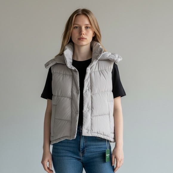 HALARA Jackets & Blazers - NWT Halara light Grey Puffer Vest High Neck Snap Front Quilted XL Cozy Minimal‎